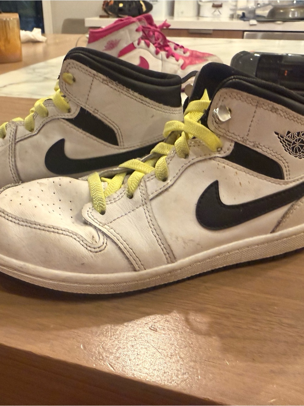 Nike Jordan 1 Mid Kids White & Black High-Top Sneakers with Yellow Laces